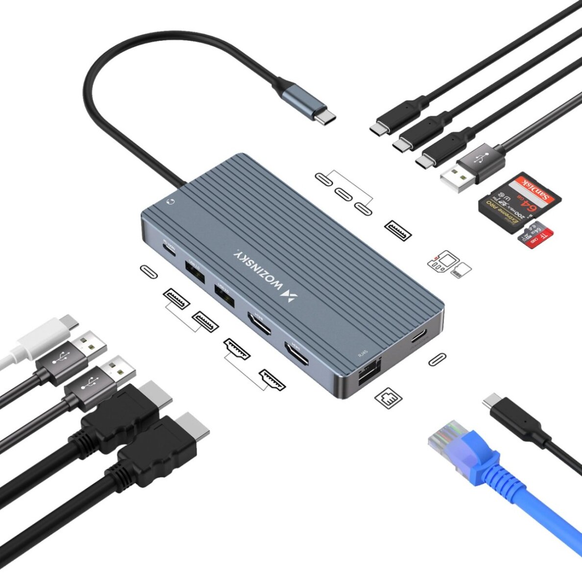 USB-C HUB Wozinsky WDS03Y5S 14in1 daugiafunkcis, aliuminis, 3 monitoriams, 15 cm laidas – pilkas 1