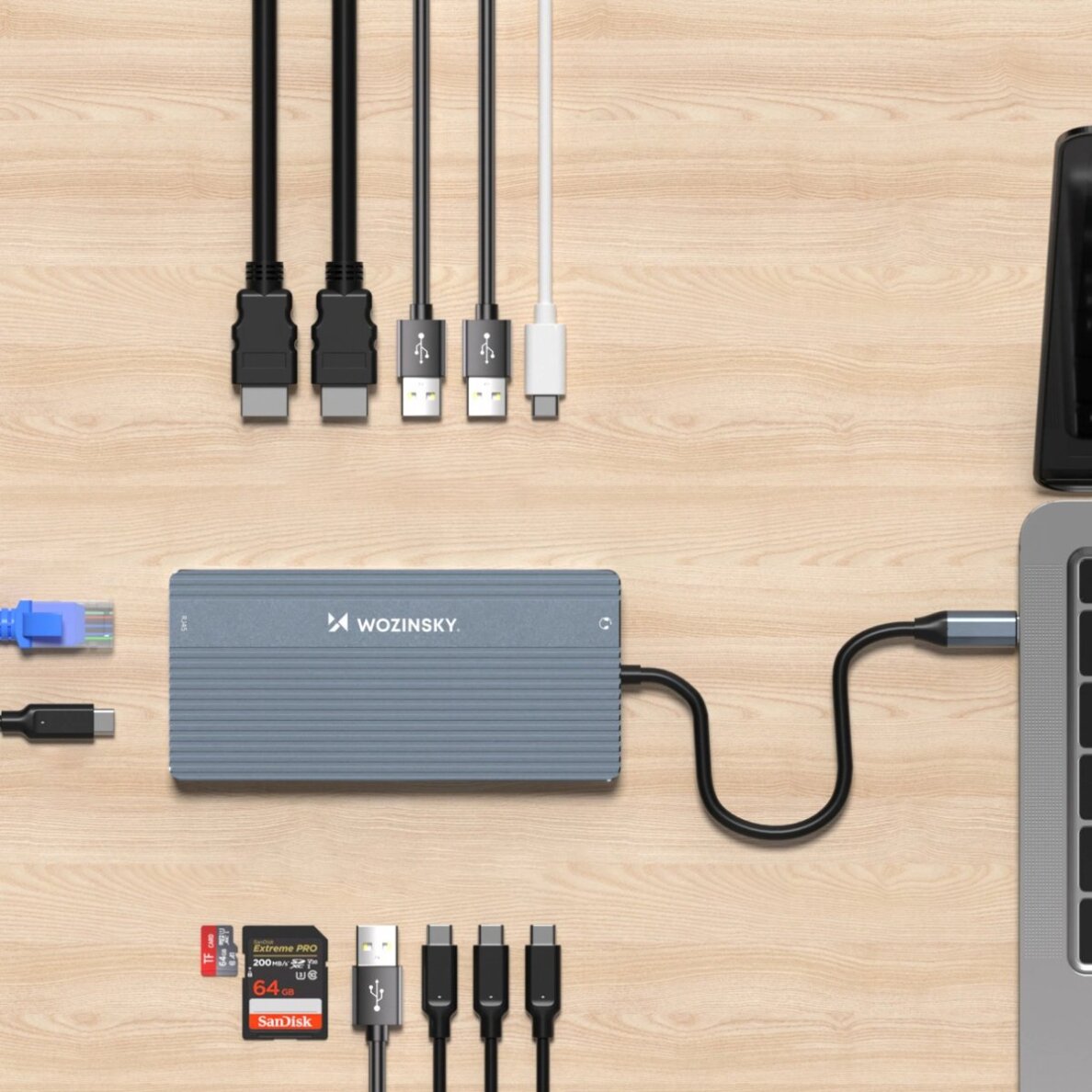 USB-C HUB Wozinsky WDS03Y5S 14in1 daugiafunkcis, aliuminis, 3 monitoriams, 15 cm laidas – pilkas 3 USB-C HUB Wozinsky WDS03Y5S 14in1 daugiafunkcis, aliuminis, 3 monitoriams, 15 cm laidas – pilkas 3