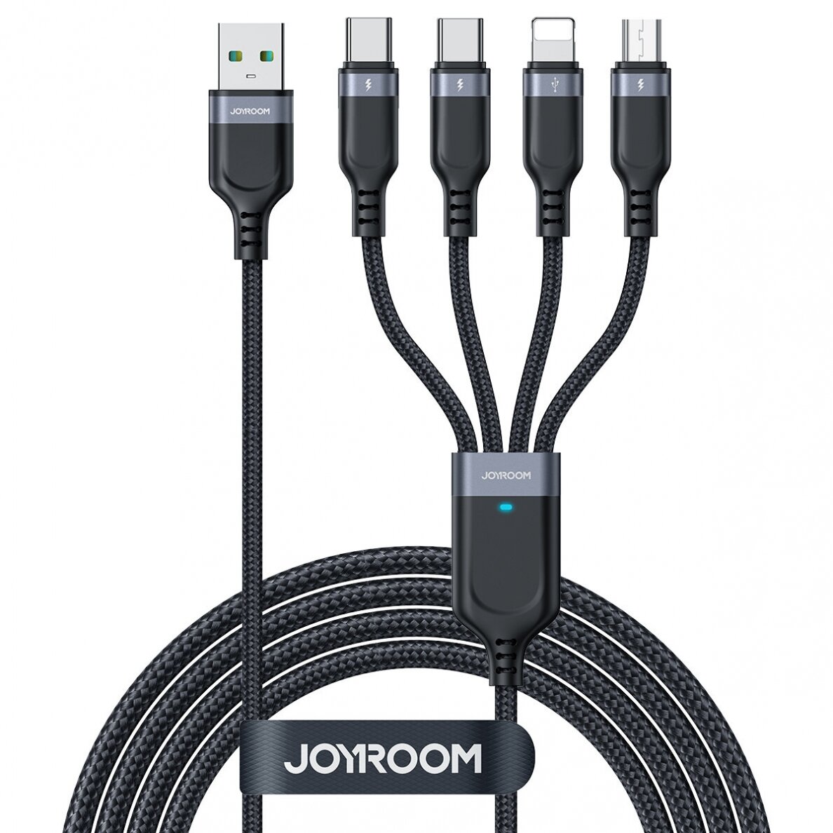 USB cable 4in1 USB-A - 2 x USB-C / Lightning / Micro for charging and data transmission 1.2m Joyroom S-1T4018A18 - Juodas USB cable 4in1 USB-A - 2 x USB-C / Lightning / Micro for charging and data transmission 1.2m Joyroom S-1T4018A18 - Juodas