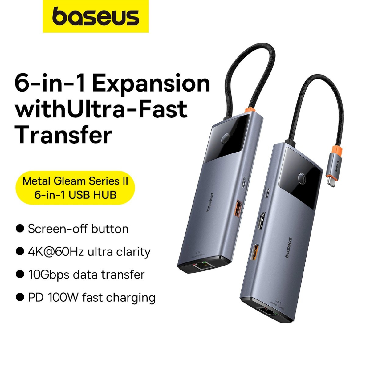 USB HUB 6in1 Baseus Metal Gleam Series II USB-A/USB-C/USB-C PD/HDMI/RJ45 - Juodas 11 USB HUB 6in1 Baseus Metal Gleam Series II USB-A/USB-C/USB-C PD/HDMI/RJ45 - Juodas 11