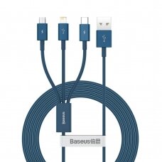 USB kabelis Baseus Superior USB į microUSB+Lightning+Type-C 100W 1.2m mėlynas CAMLTYS-03