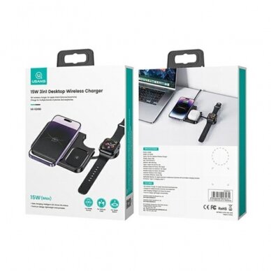[Užsakomoji prekė] Usams - Wireless Charging Station 3in1 (US-CD190) - Lightweight Desktop Charger for iPhone, iWatch, AirPods, 15W, 3A - Juoda 5