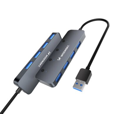 USB-A šakotuvas Wozinsky WHS080YSS 4x USB-A 3.0 su individualiais jungikliais, aliuminis, 30 cm laidas – pilkas 1