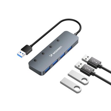 USB-A šakotuvas Wozinsky WHS080YSS 4x USB-A 3.0 su individualiais jungikliais, aliuminis, 30 cm laidas – pilkas 2