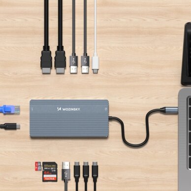 USB-C HUB Wozinsky WDS03Y5S 14in1 daugiafunkcis, aliuminis, 3 monitoriams, 15 cm laidas – pilkas 3 USB-C HUB Wozinsky WDS03Y5S 14in1 daugiafunkcis, aliuminis, 3 monitoriams, 15 cm laidas – pilkas 3