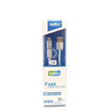 USB kabelis Tellos TPE 2in1 microUSB-Lightning sidabrinis, 1.2m USB kabelis Tellos TPE 2in1 microUSB-Lightning sidabrinis, 1.2m