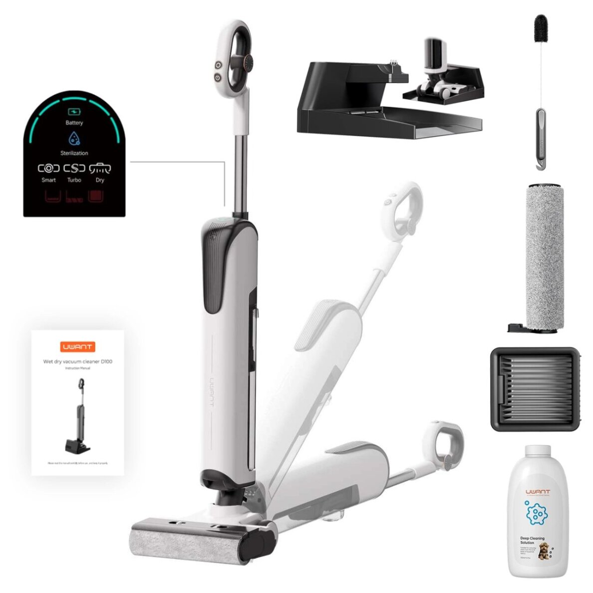 Vertikalus dulkių siurblys UWANT D100 17000Pa su plovimo funkcija ir įkrovimo stotele – baltas 1 Vertikalus dulkių siurblys UWANT D100 17000Pa su plovimo funkcija ir įkrovimo stotele – baltas 1