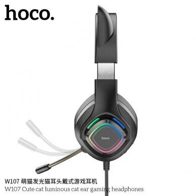 [Užsakomoji prekė] Ausinės Gaming Jack 3.5mm cu LED si Microfon - Hoco Cat Ears (W107)  - Juodas / Žalias 2