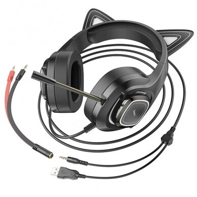 [Užsakomoji prekė] Ausinės Gaming Jack 3.5mm cu LED si Microfon - Hoco Cat Ears (W107)  - Juodas / Žalias 4