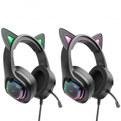[Užsakomoji prekė] Ausinės Gaming Jack 3.5mm cu LED si Microfon - Hoco Cat Ears (W107)  - Juodas / Žalias 5