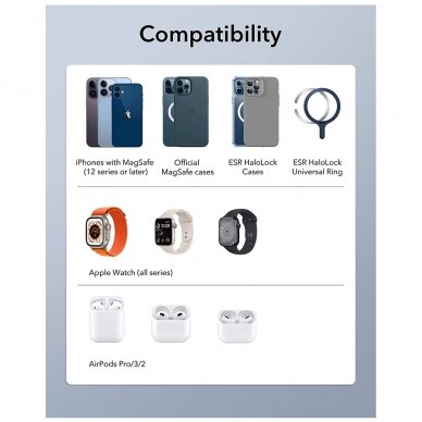 [Užsakomoji prekė] ESR - Charging Station 3in1 HaloLock - for iPhone, AirPods and Apple Watch, with Detachable Watch Charger Set, EU Plug - Baltas 8