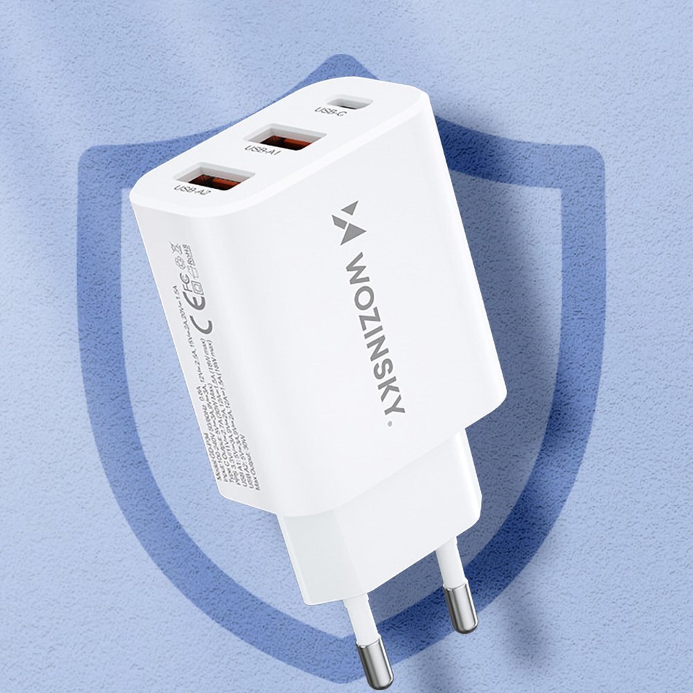 Sieninis įkroviklis Wozinsky CWCUCW 30W USB-C / 2x USB-A – baltas 13