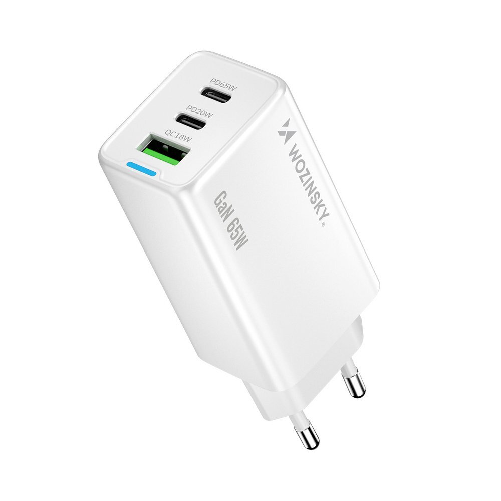 Įkroviklis Wozinsky GaN 65W su 2x USB-C jungtimis ir 65W CC laidu – baltas 1