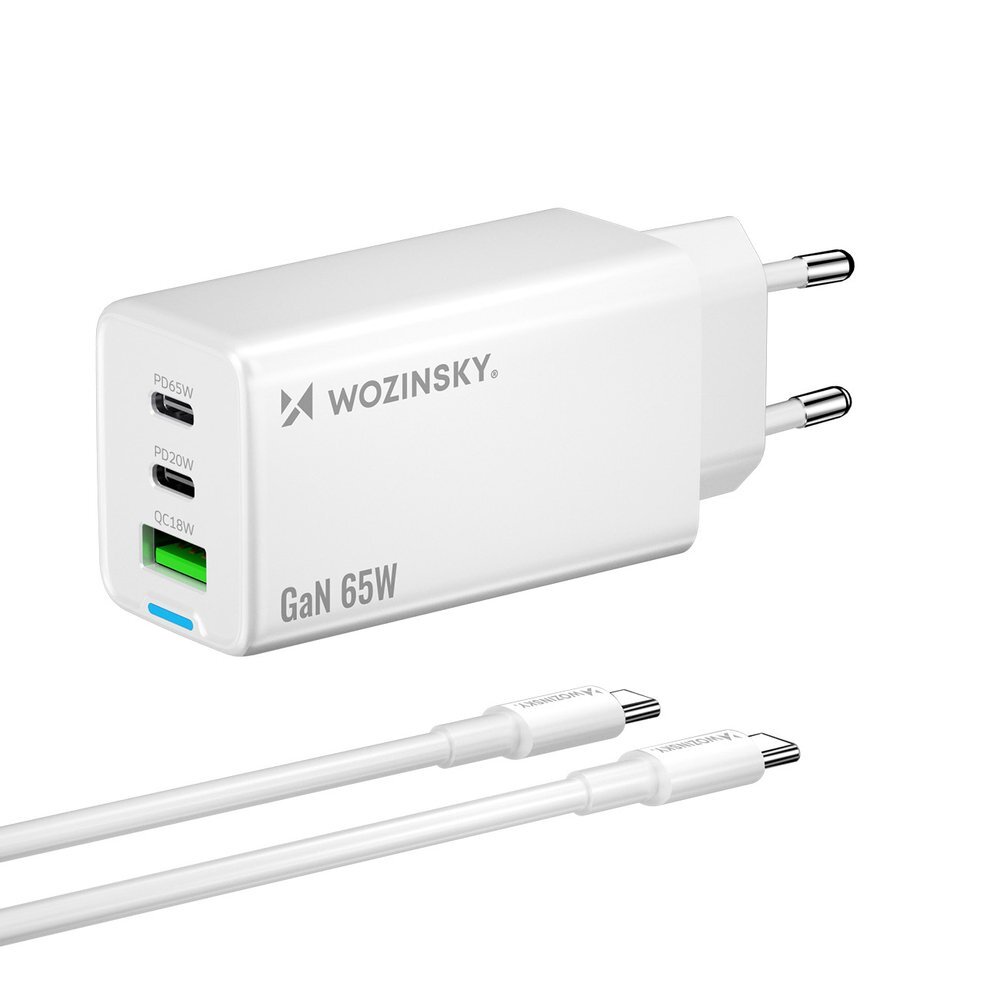 Įkroviklis Wozinsky GaN 65W su 2x USB-C jungtimis ir 65W CC laidu – baltas Įkroviklis Wozinsky GaN 65W su 2x USB-C jungtimis ir 65W CC laidu – baltas