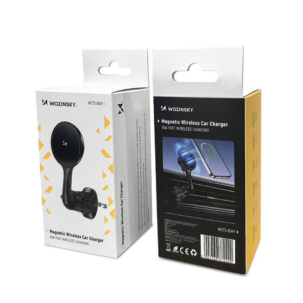 Automobilinis laikiklis Wozinsky WCT5-6S4Y su Qi/MagSafe 15W indukciniu įkrovikliu vėdinimo angai – juodas 2
