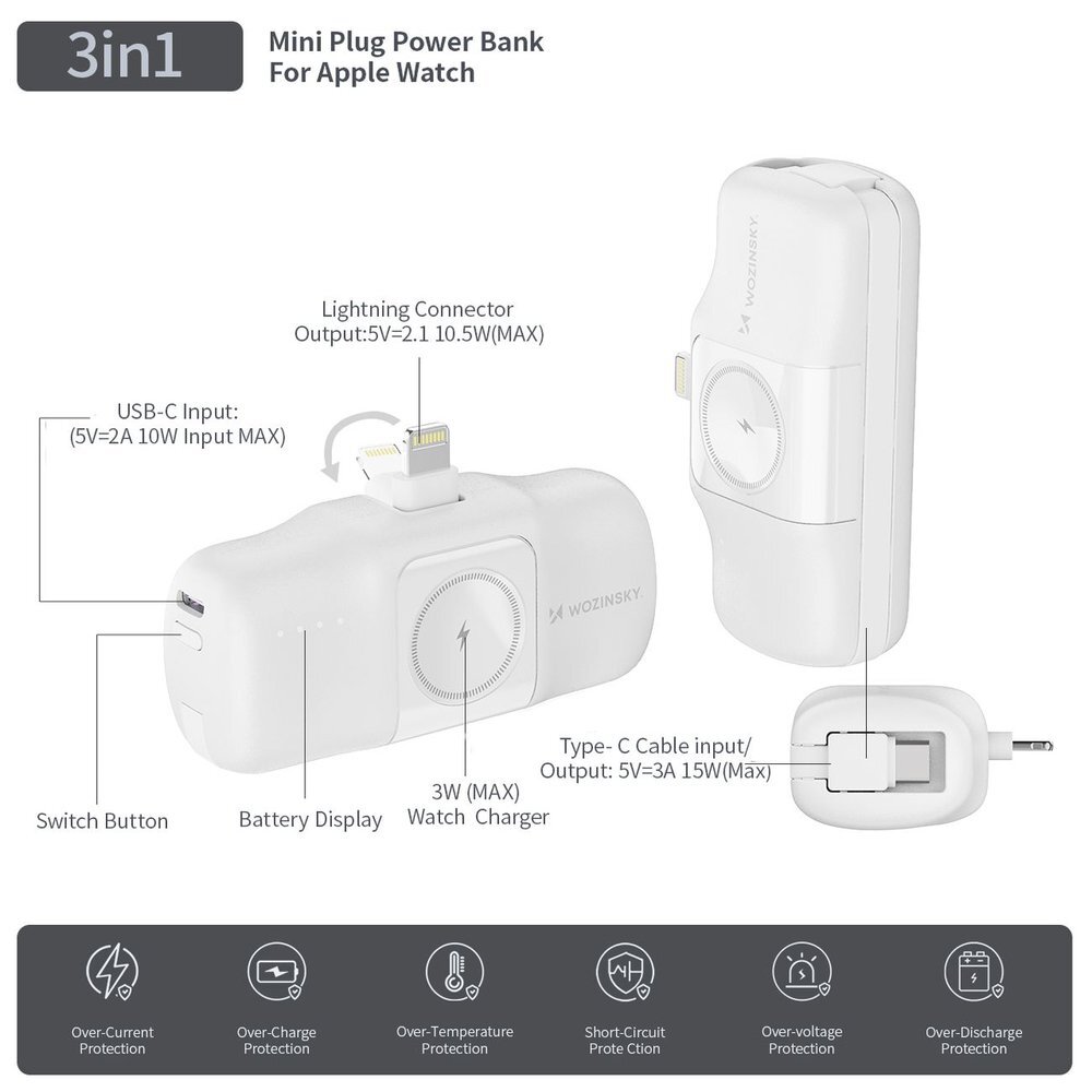 Išorinė baterija Wozinsky WF16-YLS 5000mAh 15W Lightning Mini su integruotu USB-C laidu ir Apple Watch įkrovikliu – balta 11