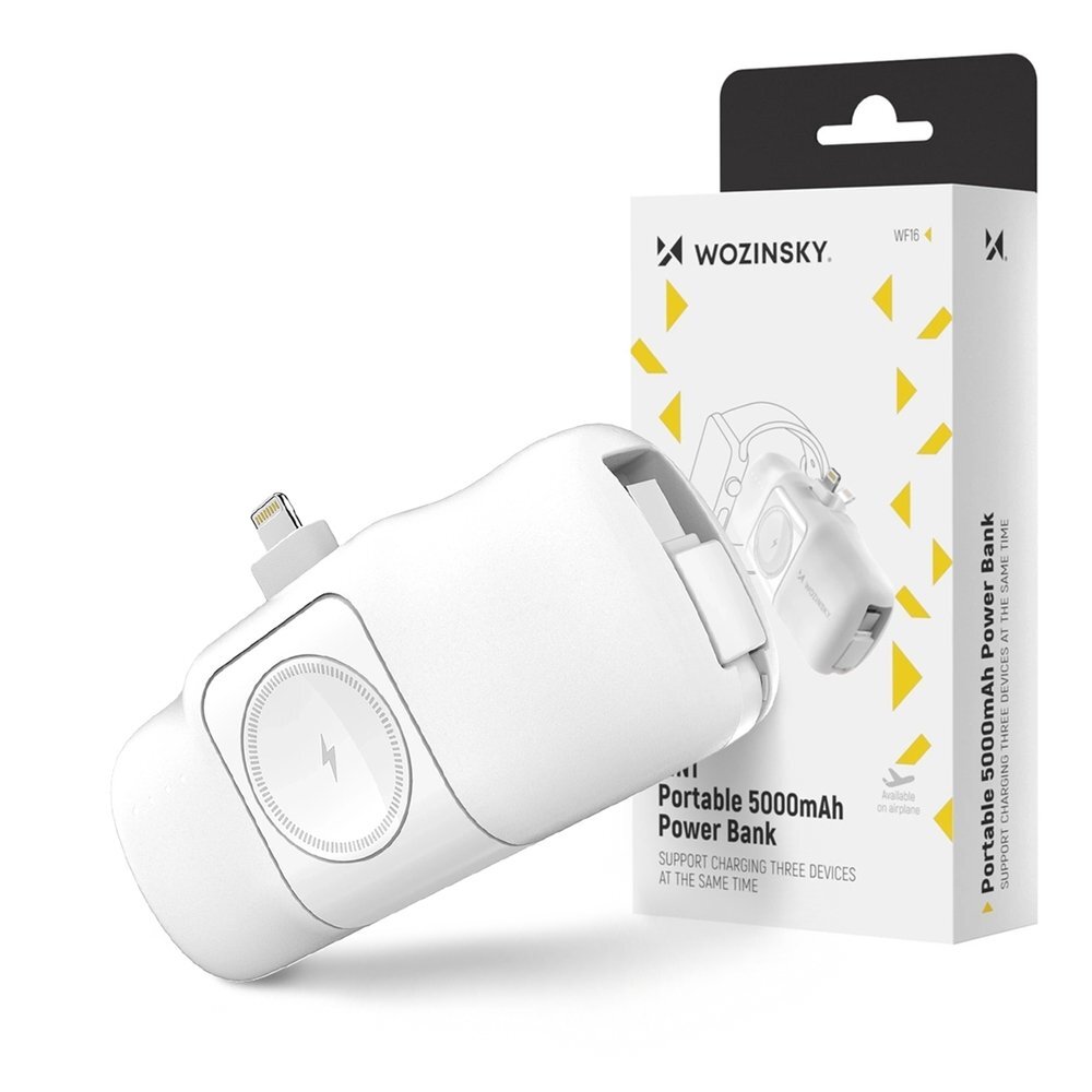 Išorinė baterija Wozinsky WF16-YLS 5000mAh 15W Lightning Mini su integruotu USB-C laidu ir Apple Watch įkrovikliu – balta 12