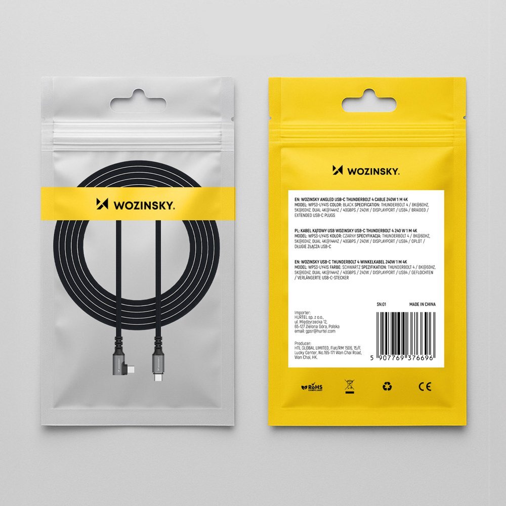 Kabelis Wozinsky WPS1-UY41S USB-C Thunderbolt 4 240W kampinis 1.5m 4K – juodas 10