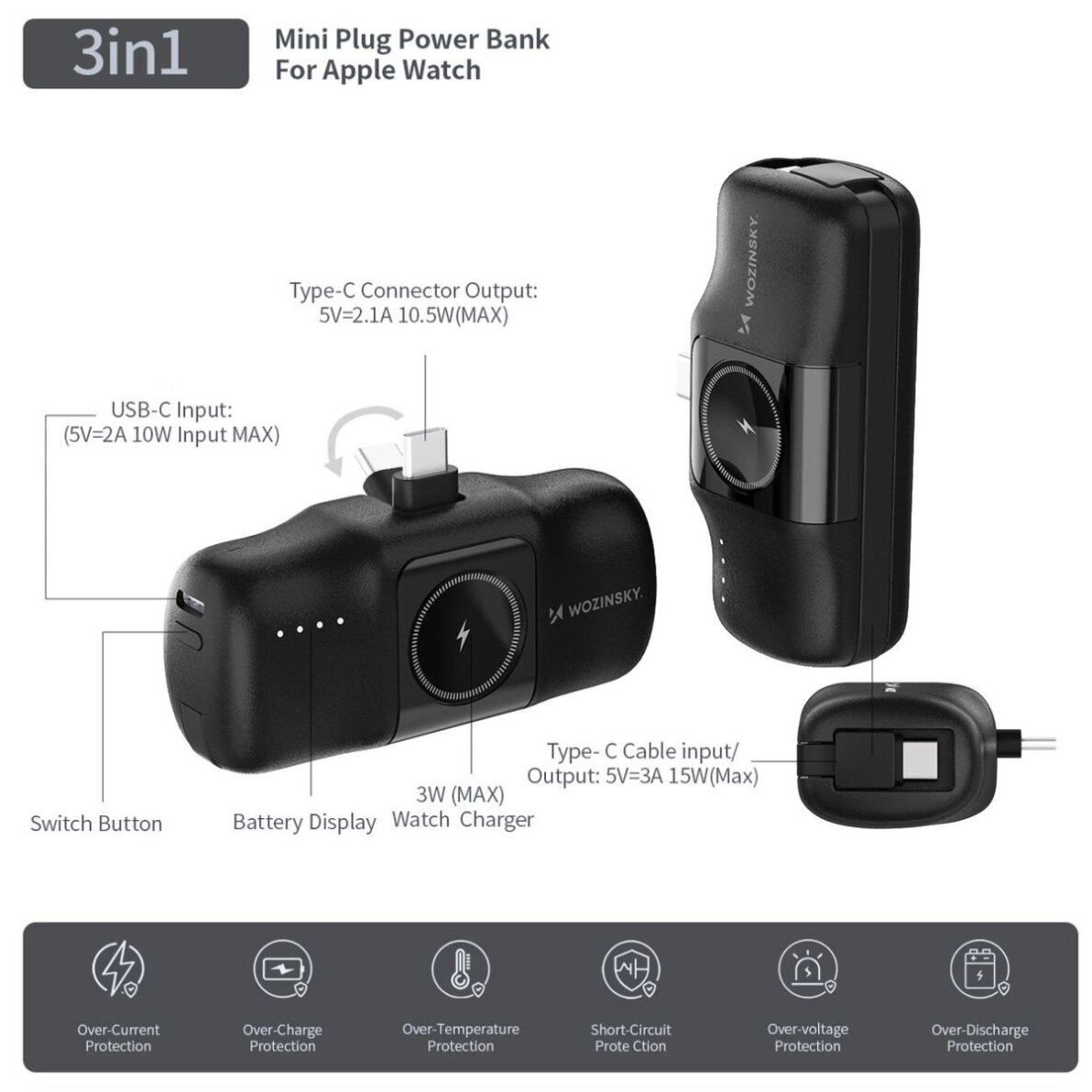 Išorinė baterija Wozinsky WF16-YCS 5000mAh 15W USB-C Mini su integruotu USB-C laidu ir Apple Watch įkrovikliu – juoda 12 Išorinė baterija Wozinsky WF16-YCS 5000mAh 15W USB-C Mini su integruotu USB-C laidu ir Apple Watch įkrovikliu – juoda 12