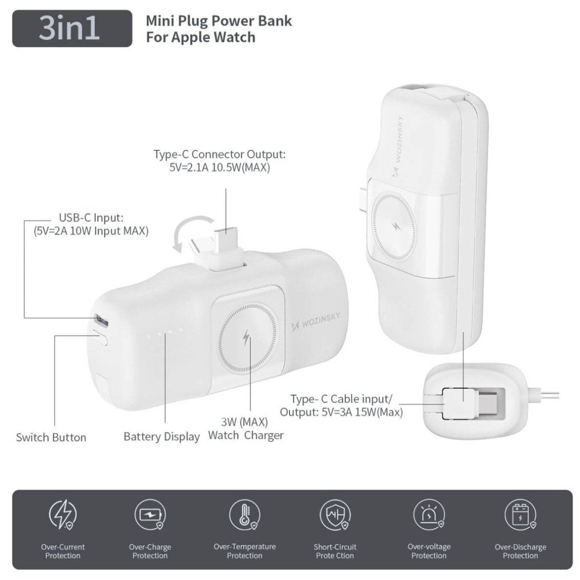 Išorinė baterija Wozinsky WF16-YCS 5000mAh 15W USB-C Mini su integruotu USB-C laidu ir Apple Watch įkrovikliu – balta 11 Išorinė baterija Wozinsky WF16-YCS 5000mAh 15W USB-C Mini su integruotu USB-C laidu ir Apple Watch įkrovikliu – balta 11