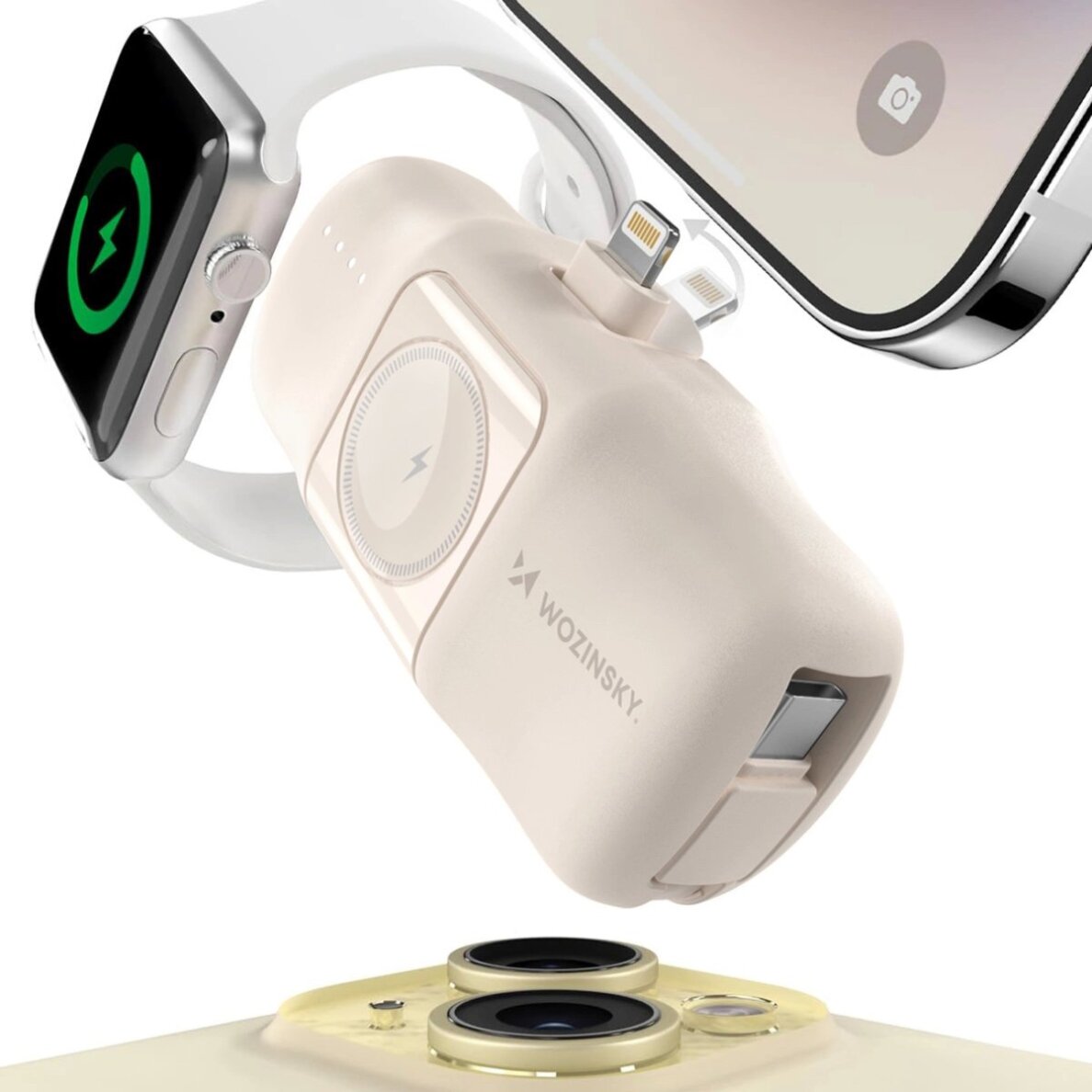 Išorinė baterija Wozinsky WF16-YLS 5000mAh 15W Lightning Mini su integruotu USB-C laidu ir Apple Watch įkrovikliu – smėlinė 2 Išorinė baterija Wozinsky WF16-YLS 5000mAh 15W Lightning Mini su integruotu USB-C laidu ir Apple Watch įkrovikliu – smėlinė 2