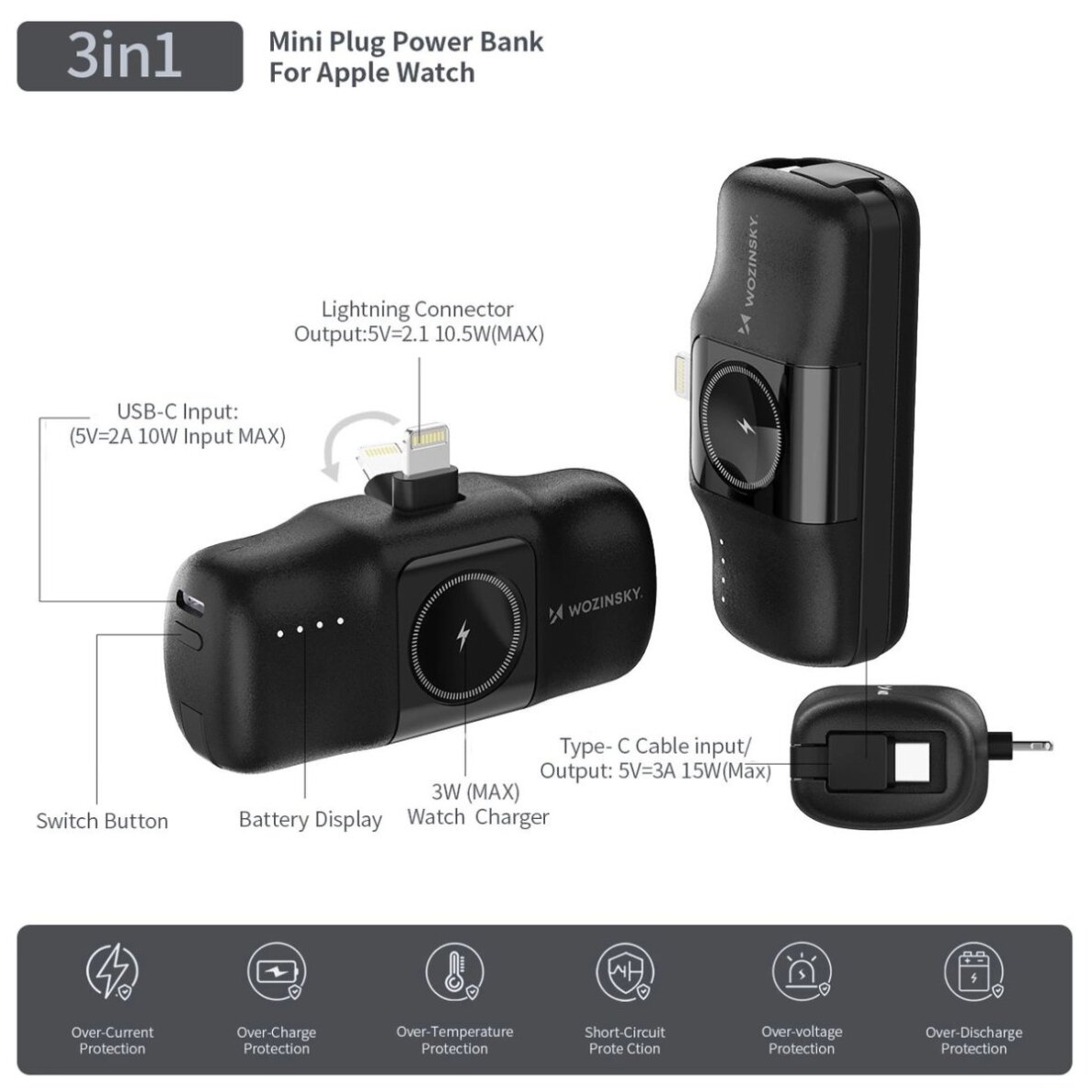 Išorinė baterija Wozinsky WF16-YLS 5000mAh 15W Lightning Mini su integruotu USB-C laidu ir Apple Watch įkrovikliu – juoda 10 Išorinė baterija Wozinsky WF16-YLS 5000mAh 15W Lightning Mini su integruotu USB-C laidu ir Apple Watch įkrovikliu – juoda 10