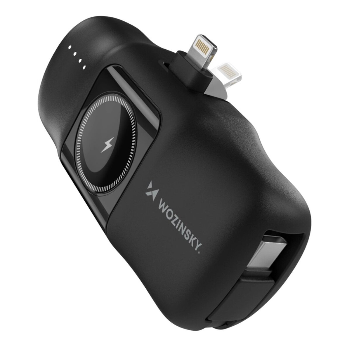 Išorinė baterija Wozinsky WF16-YLS 5000mAh 15W Lightning Mini su integruotu USB-C laidu ir Apple Watch įkrovikliu – juoda Išorinė baterija Wozinsky WF16-YLS 5000mAh 15W Lightning Mini su integruotu USB-C laidu ir Apple Watch įkrovikliu – juoda