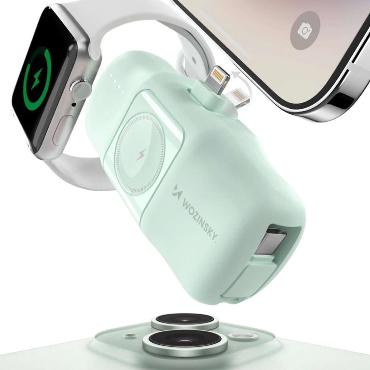 Išorinė baterija Wozinsky WF16-YLS 5000mAh 15W Lightning Mini su integruotu USB-C laidu ir Apple Watch įkrovikliu – žalia 2 Išorinė baterija Wozinsky WF16-YLS 5000mAh 15W Lightning Mini su integruotu USB-C laidu ir Apple Watch įkrovikliu – žalia 2