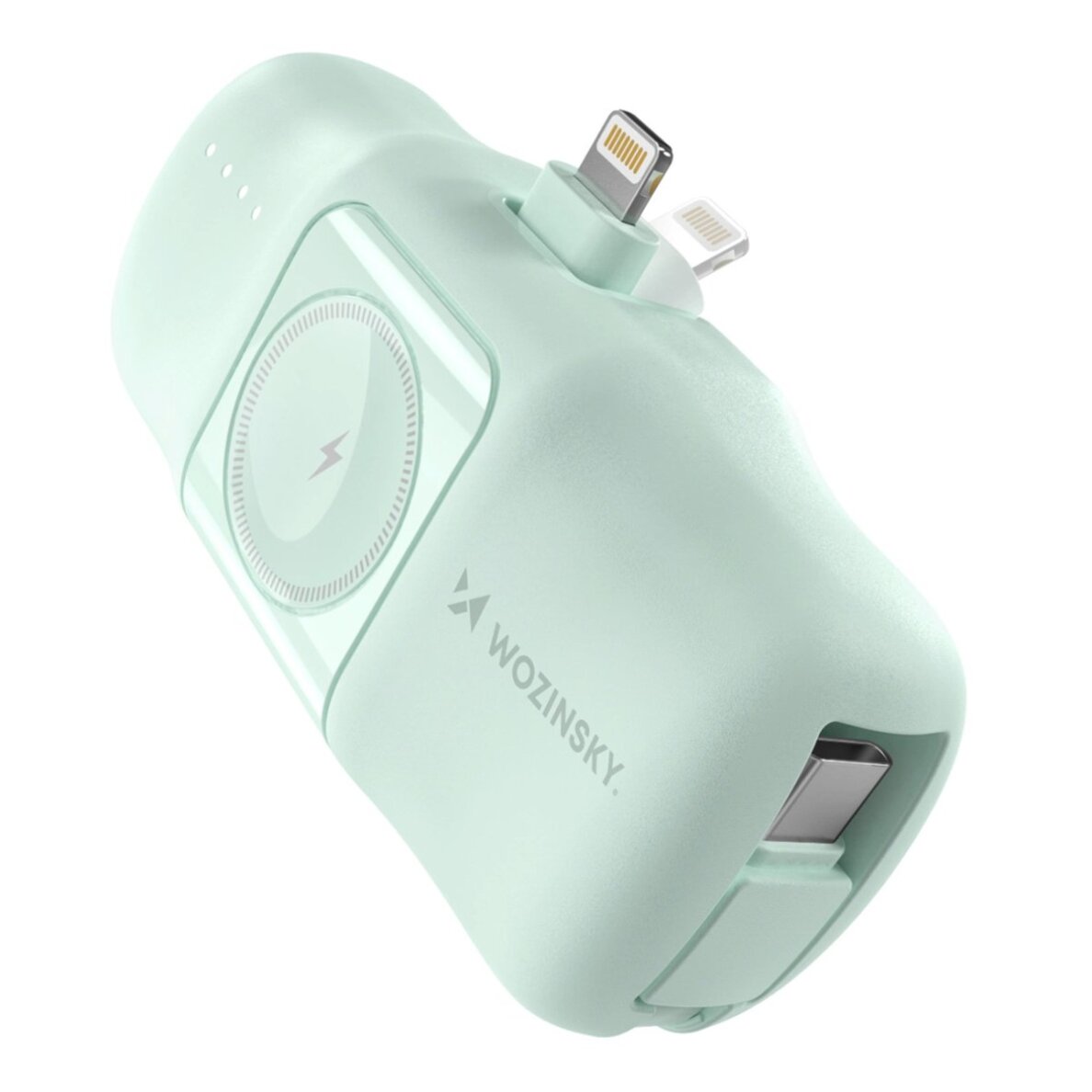 Išorinė baterija Wozinsky WF16-YLS 5000mAh 15W Lightning Mini su integruotu USB-C laidu ir Apple Watch įkrovikliu – žalia