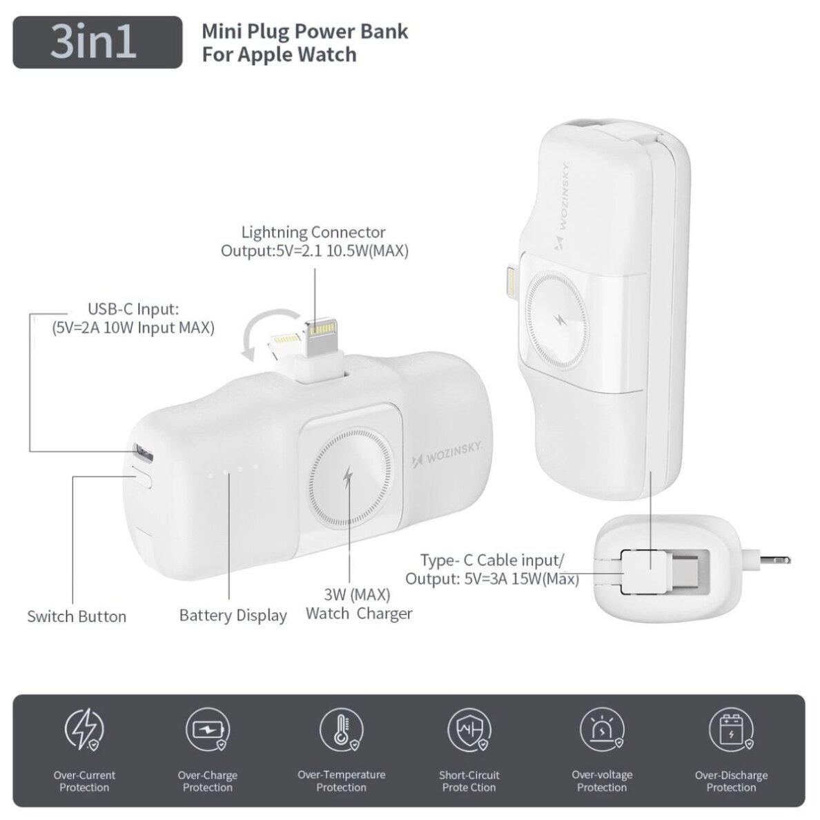 Išorinė baterija Wozinsky WF16-YLS 5000mAh 15W Lightning Mini su integruotu USB-C laidu ir Apple Watch įkrovikliu – balta 10
