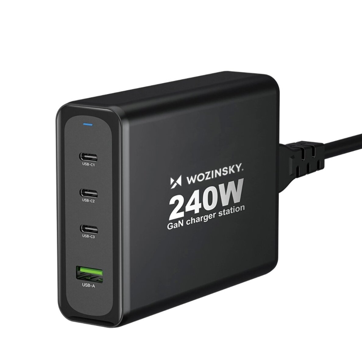 Sieninis įkroviklis Wozinsky WGCSB 240W GaN USB-A / 3x USB-C – juodas