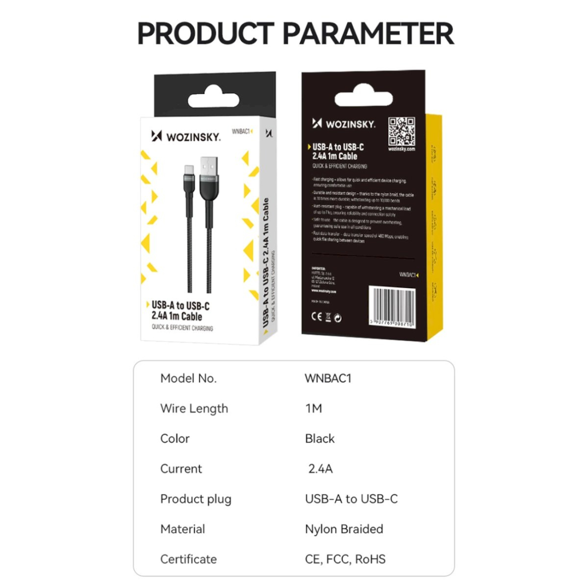 Wozinsky WNBAC2 USB-A / USB-C 2.4A Kabelis 2 m - Juodas 4 Wozinsky WNBAC2 USB-A / USB-C 2.4A Kabelis 2 m - Juodas 4