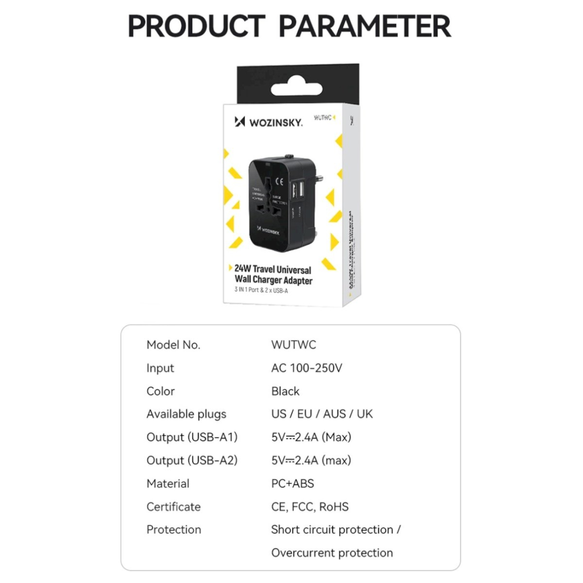 Wozinsky WUTWC Universalus kelioninis adapteris 24W EU / US / AUS / UK / 2x USB-A – juodas 4 Wozinsky WUTWC Universalus kelioninis adapteris 24W EU / US / AUS / UK / 2x USB-A – juodas 4