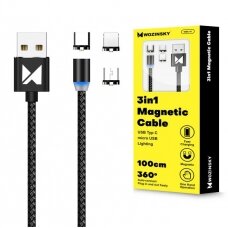 Wozinsky Magnetic kabelis USB / micro USB / USB Typ C / Lightning 1m with LED light juodas (WMC-01)