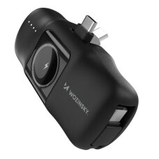 Išorinė baterija Wozinsky WF16-YCS 5000mAh 15W USB-C Mini su integruotu USB-C laidu ir Apple Watch įkrovikliu – juoda