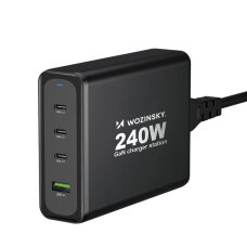 Sieninis įkroviklis Wozinsky WGCSB 240W GaN USB-A / 3x USB-C – juodas