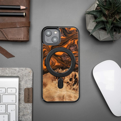 Dėklas iš Medžio ir Resino skirta iPhone 15 Plus MagSafe Bewood Unique Oranžinis - Oranžinis and Juodas 2