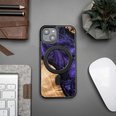 Dėklas iš Medžio ir Resino skirta iPhone 15 Plus MagSafe Bewood Unique violetinis - purple and Juodas 2