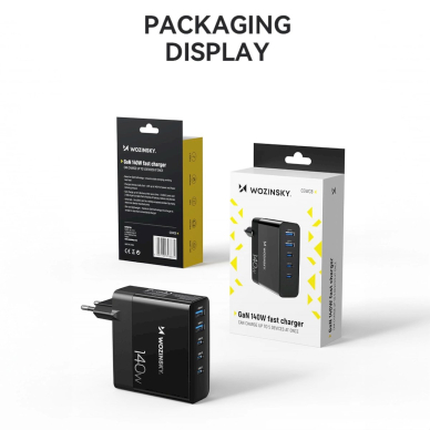 Wozinsky CGWCB 140W GaN wall Įkroviklis 3 x USB-C / 2 x USB-A - Juodas 3 Wozinsky CGWCB 140W GaN wall Įkroviklis 3 x USB-C / 2 x USB-A - Juodas 3