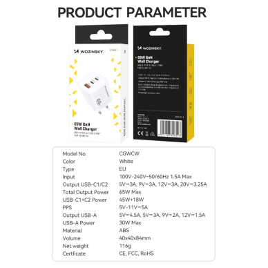 Wozinsky CGWCW 65W USB-A / 2 x USB-C GaN wall Įkroviklis - baltas 3 Wozinsky CGWCW 65W USB-A / 2 x USB-C GaN wall Įkroviklis - baltas 3