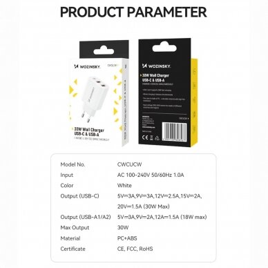 Wozinsky CWCUCW 30W USB-C / 2 x USB-A wall Įkroviklis - baltas 4 Wozinsky CWCUCW 30W USB-C / 2 x USB-A wall Įkroviklis - baltas 4