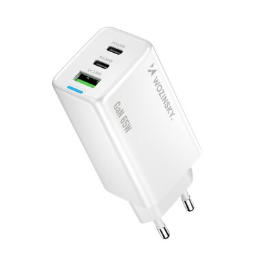 Įkroviklis Wozinsky GaN 65W su 2x USB-C jungtimis ir 65W CC laidu – baltas 1