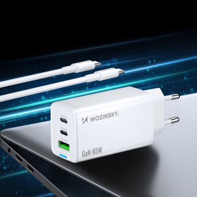 Įkroviklis Wozinsky GaN 65W su 2x USB-C jungtimis ir 65W CC laidu – baltas 10