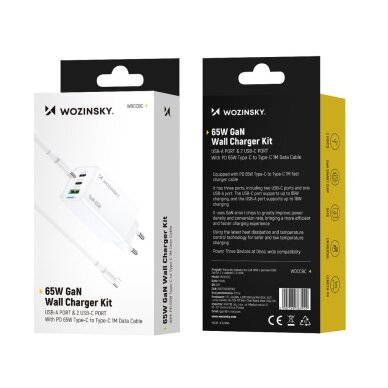 Įkroviklis Wozinsky GaN 65W su 2x USB-C jungtimis ir 65W CC laidu – baltas 4 Įkroviklis Wozinsky GaN 65W su 2x USB-C jungtimis ir 65W CC laidu – baltas 4