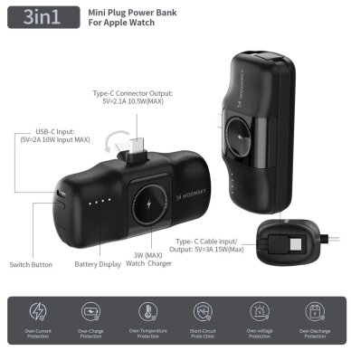 Išorinė baterija Wozinsky WF16-YCS 5000mAh 15W USB-C Mini su integruotu USB-C laidu ir Apple Watch įkrovikliu – juoda 12