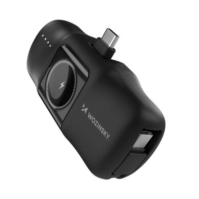 Išorinė baterija Wozinsky WF16-YCS 5000mAh 15W USB-C Mini su integruotu USB-C laidu ir Apple Watch įkrovikliu – juoda