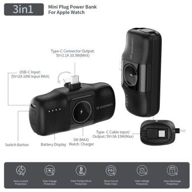 Išorinė baterija Wozinsky WF16-YCS 5000mAh 15W USB-C Mini su integruotu USB-C laidu ir Apple Watch įkrovikliu – juoda 15 Išorinė baterija Wozinsky WF16-YCS 5000mAh 15W USB-C Mini su integruotu USB-C laidu ir Apple Watch įkrovikliu – juoda 15