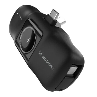 Išorinė baterija Wozinsky WF16-YCS 5000mAh 15W USB-C Mini su integruotu USB-C laidu ir Apple Watch įkrovikliu – juoda