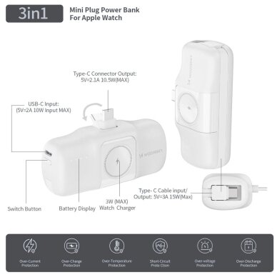 Išorinė baterija Wozinsky WF16-YCS 5000mAh 15W USB-C Mini su integruotu USB-C laidu ir Apple Watch įkrovikliu – balta 11 Išorinė baterija Wozinsky WF16-YCS 5000mAh 15W USB-C Mini su integruotu USB-C laidu ir Apple Watch įkrovikliu – balta 11