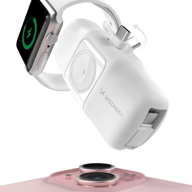 Išorinė baterija Wozinsky WF16-YCS 5000mAh 15W USB-C Mini su integruotu USB-C laidu ir Apple Watch įkrovikliu – balta 3